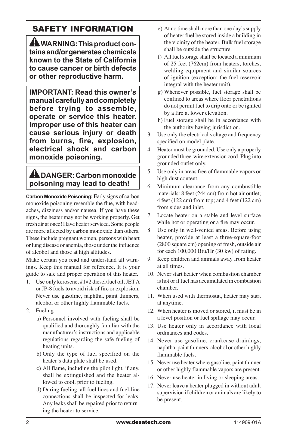 Safety information | Desa 280-IF User Manual | Page 2 / 48