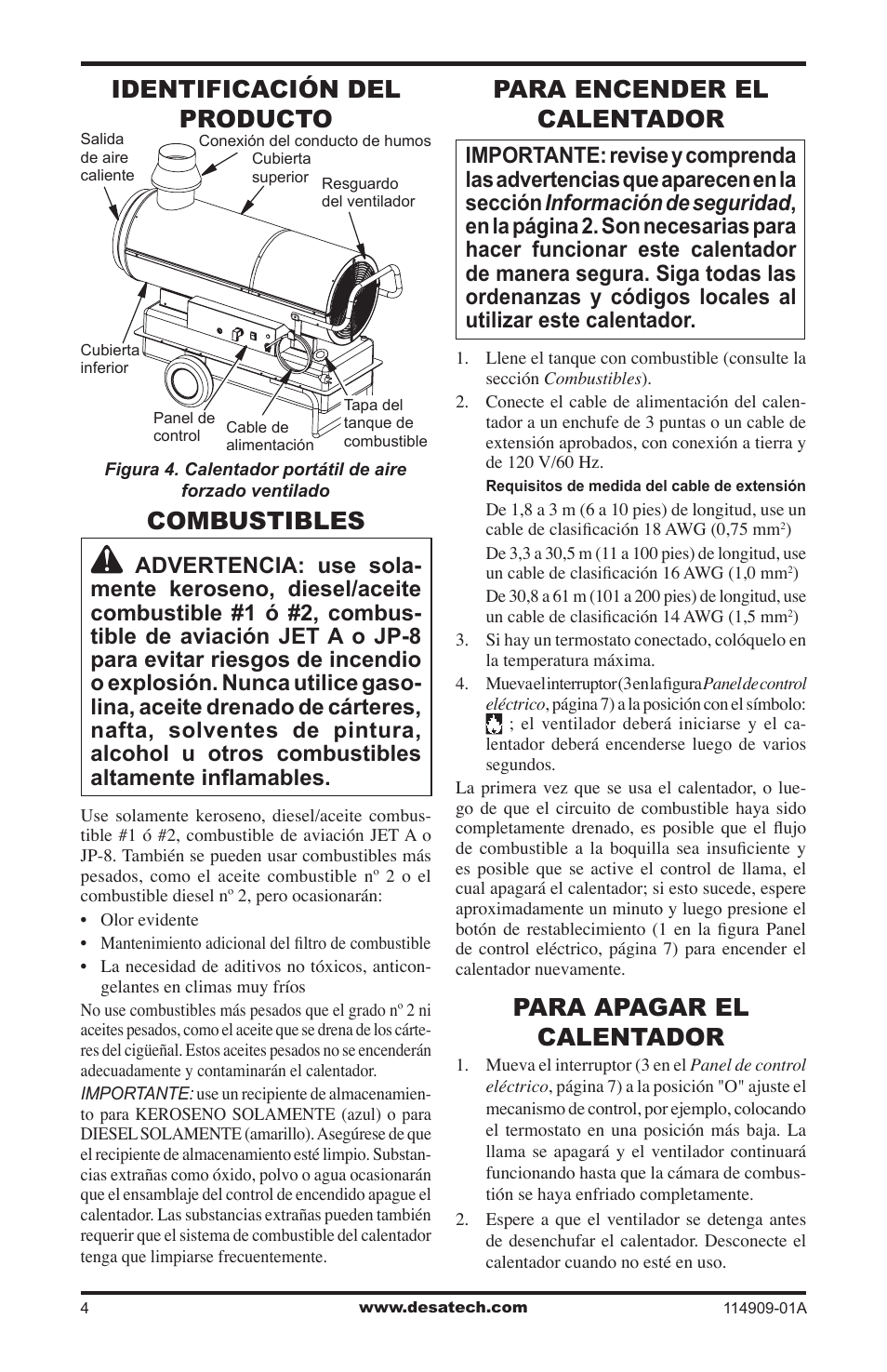 Identificación del producto, Combustibles, Para encender el calentador | Para apagar el calentador | Desa 280-IF User Manual | Page 20 / 48