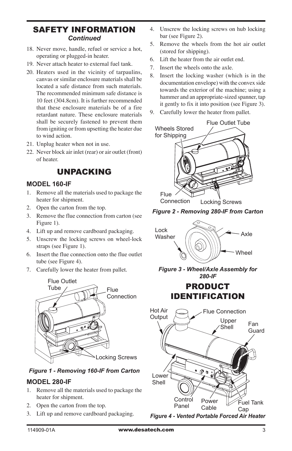 Unpacking, Product identification, Safety information | Desa 280-IF User Manual | Page 3 / 48