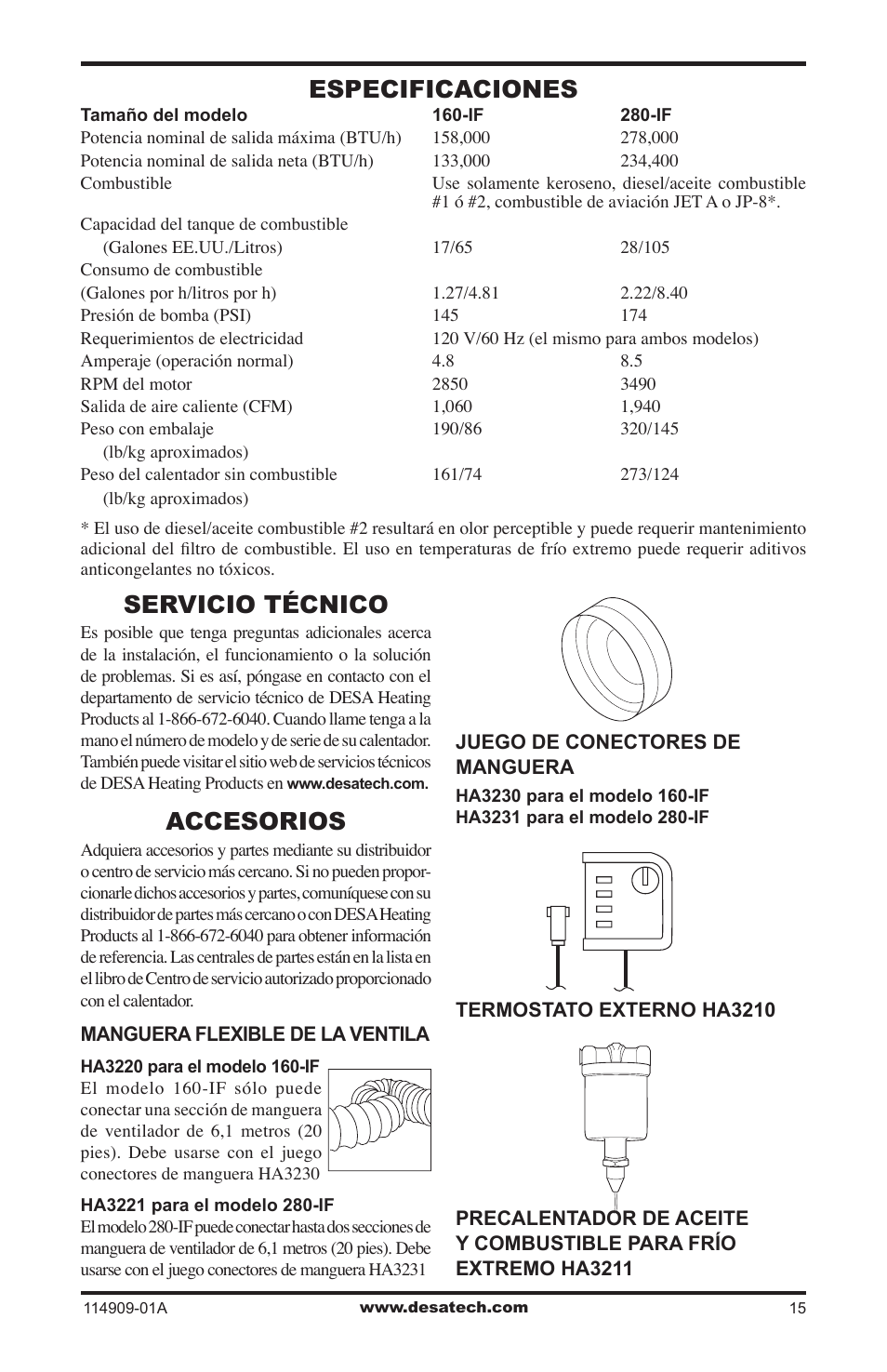 Especificaciones, Servicio técnico, Accesorios | Desa 280-IF User Manual | Page 31 / 48