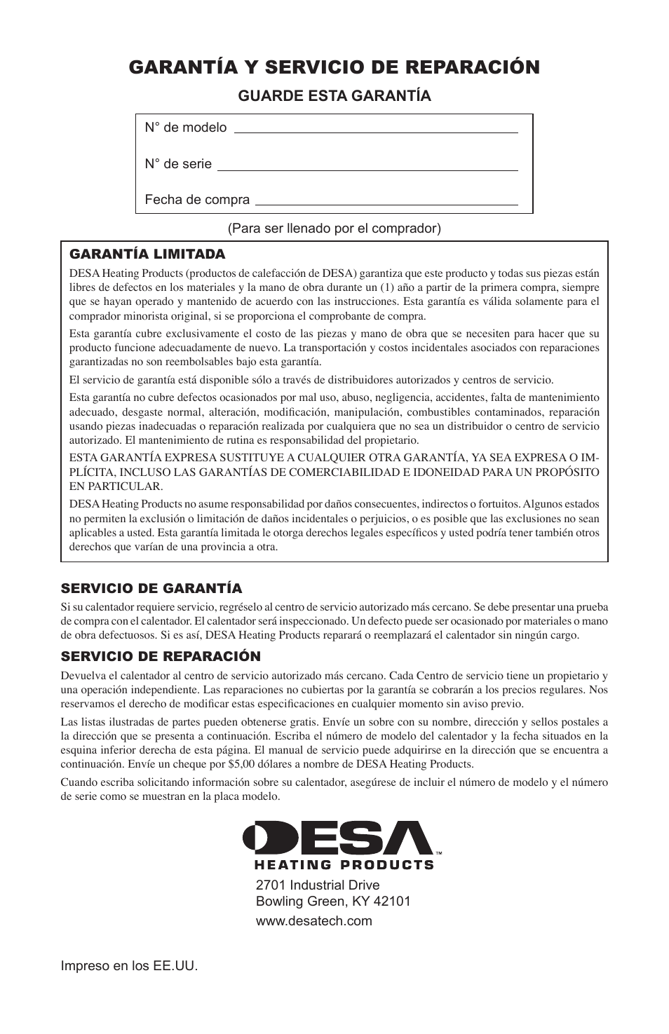 Garantía y servicio de reparación, Guarde esta garantía | Desa 280-IF User Manual | Page 32 / 48