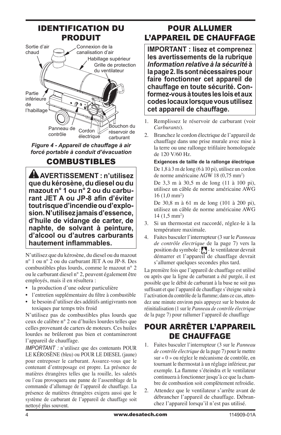 Identification du produit, Combustibles, Pour allumer l’appareil de chauffage | Pour arrêter l’appareil de chauffage | Desa 280-IF User Manual | Page 36 / 48