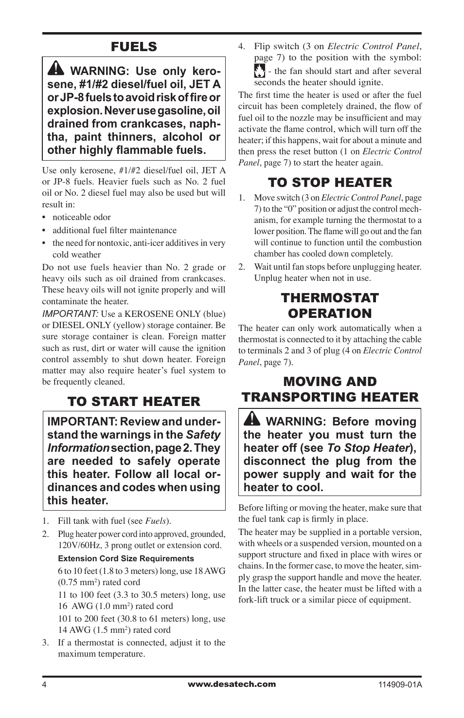 Fuels, To start heater, To stop heater | Thermostat operation, Moving and transporting heater | Desa 280-IF User Manual | Page 4 / 48