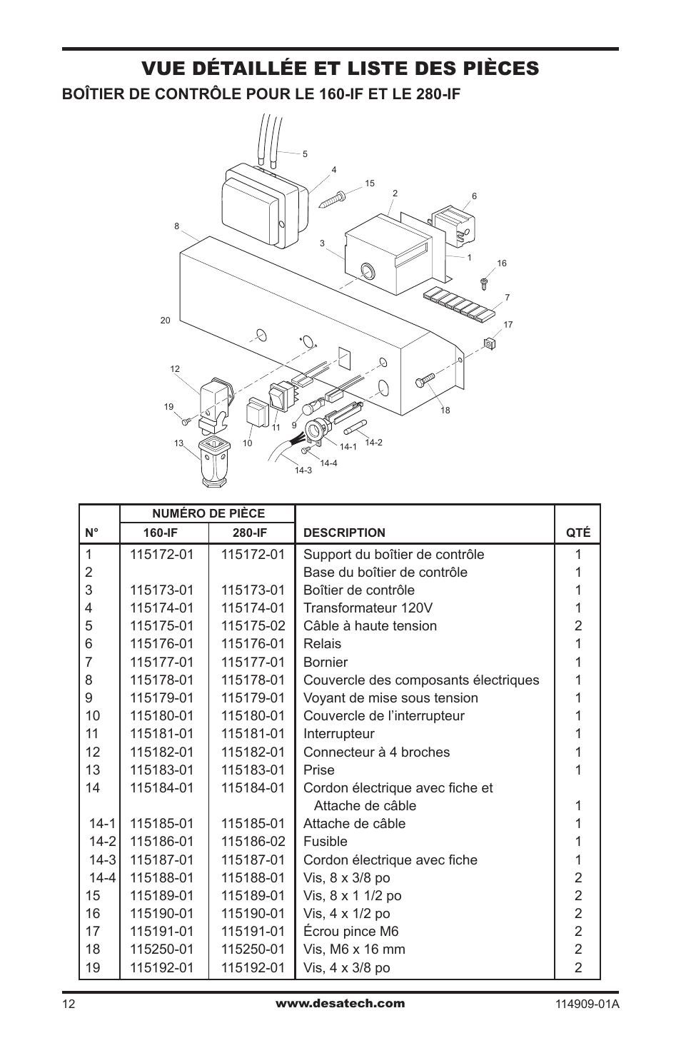 Vue détaillée et liste des pièces | Desa 280-IF User Manual | Page 44 / 48