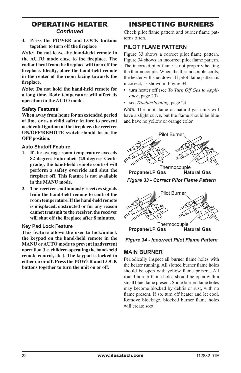 Inspecting burners, Operating heater | Desa VGL18NRA User Manual | Page 22 / 32