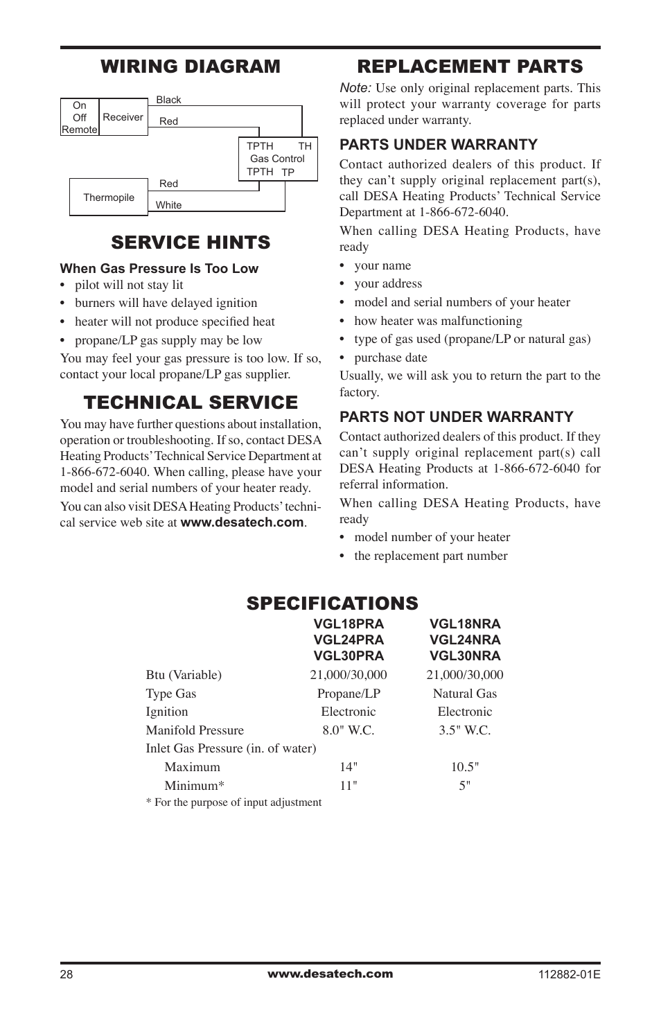 Wiring diagram, Service hints, Technical service | Replacement parts, Specifications | Desa VGL18NRA User Manual | Page 28 / 32