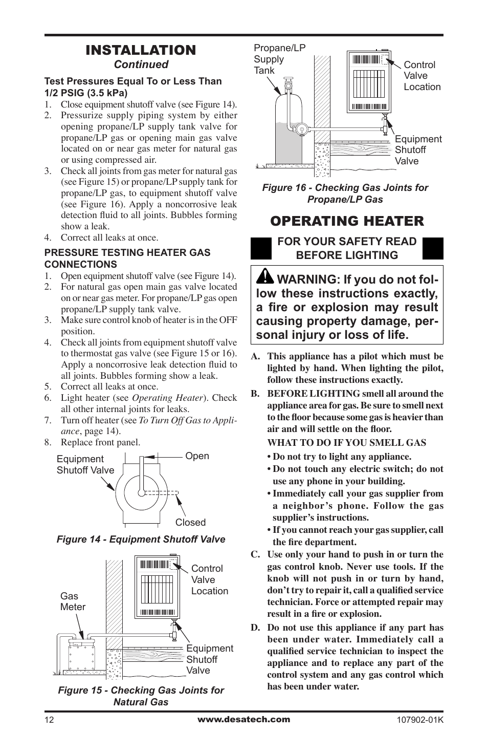 Operating heater, Installation | Desa GWRP10 User Manual | Page 12 / 24