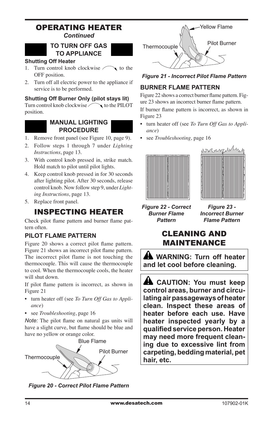 Inspecting heater, Cleaning and maintenance, Operating heater | Desa GWRP10 User Manual | Page 14 / 24