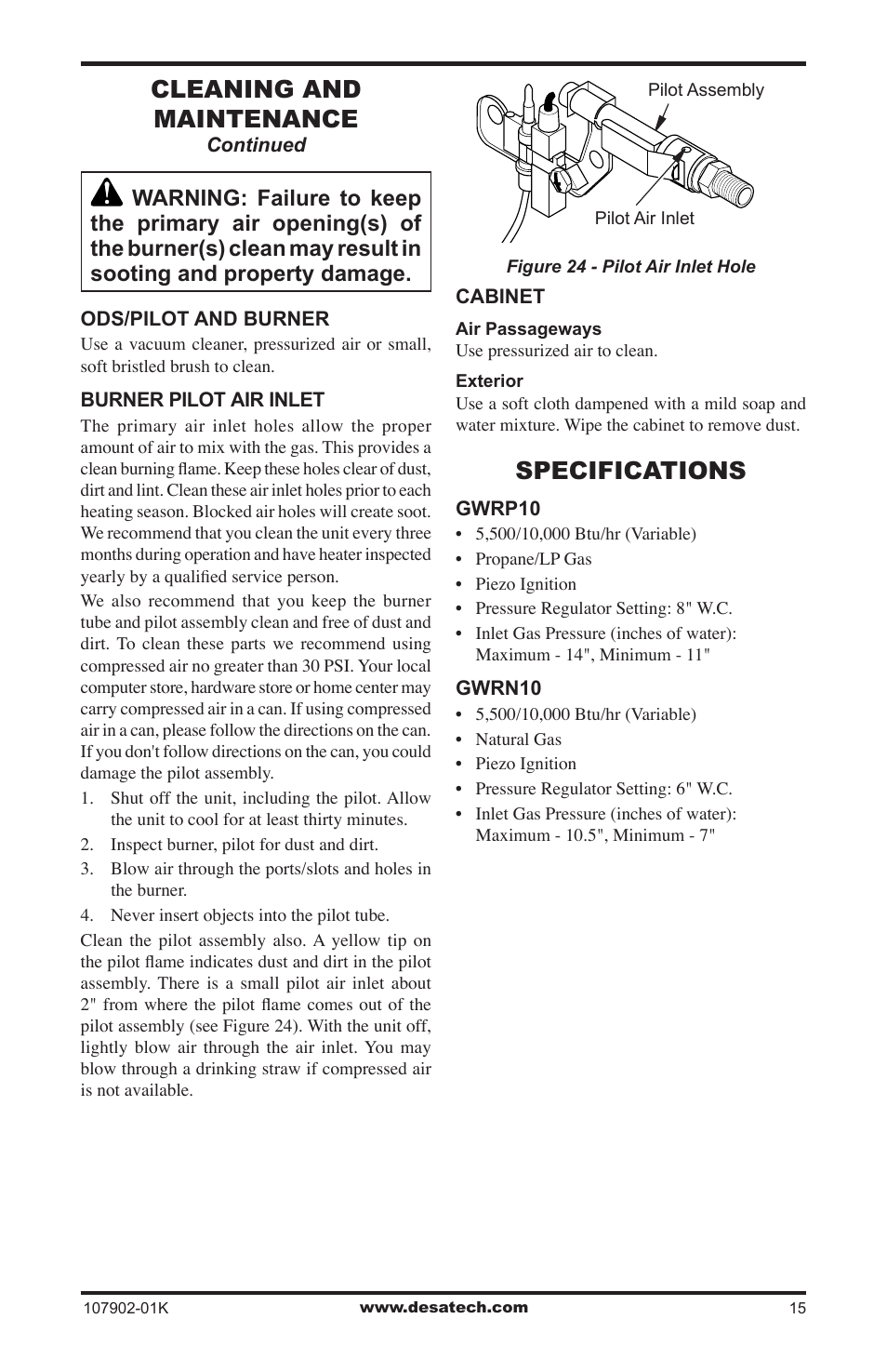 Specifications, Cleaning and maintenance | Desa GWRP10 User Manual | Page 15 / 24