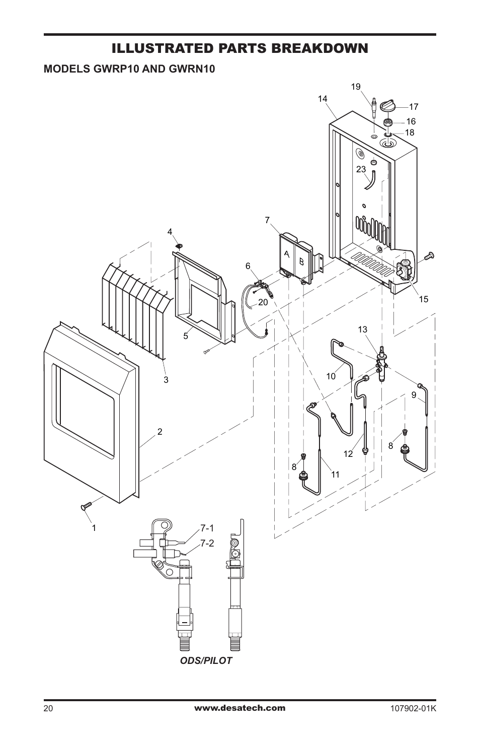 Illustrated parts breakdown and parts list, Illustrated parts breakdown, Models gwrp10 and gwrn10 | Desa GWRP10 User Manual | Page 20 / 24