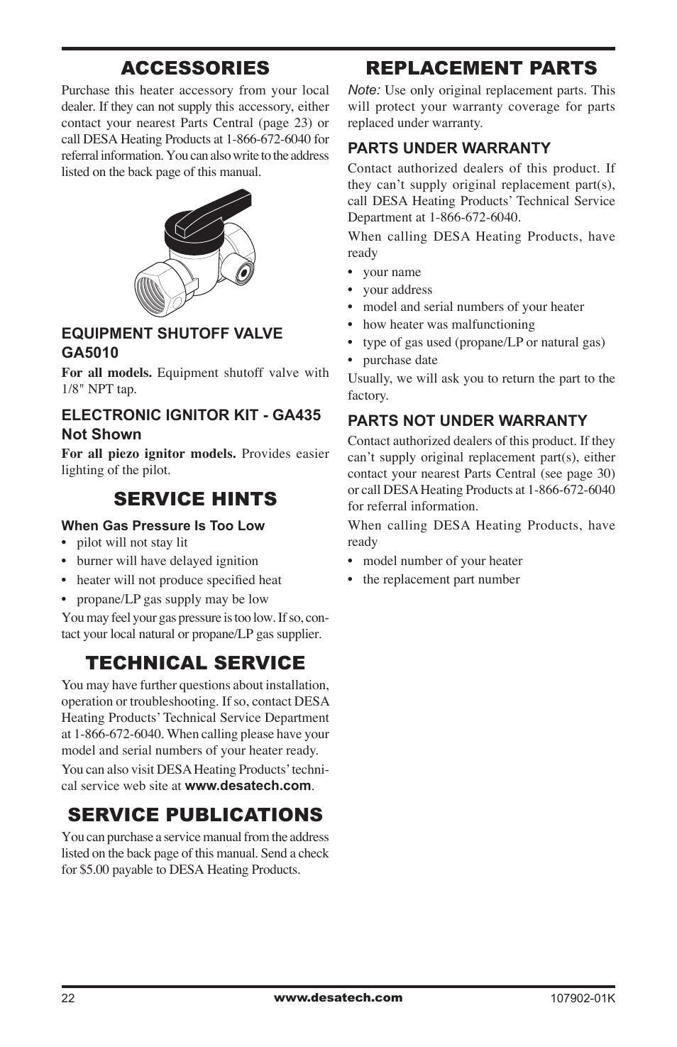 Accessories, Service hints, Technical service | Service publications, Replacement parts | Desa GWRP10 User Manual | Page 22 / 24