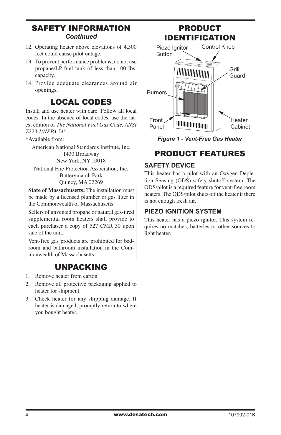 Local codes, Unpacking, Product identification | Product features, Safety information | Desa GWRP10 User Manual | Page 4 / 24