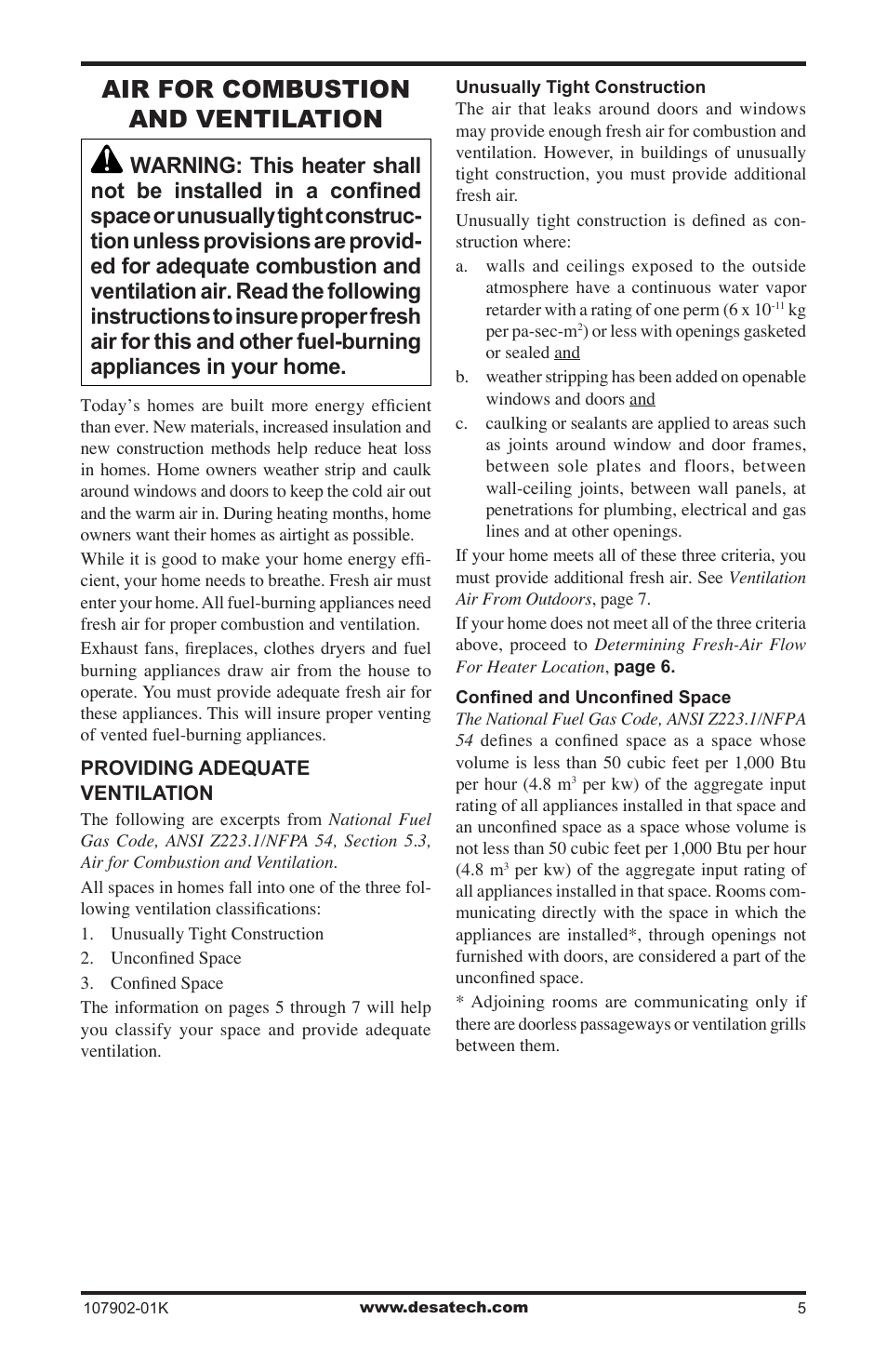 Air for combustion and ventilation | Desa GWRP10 User Manual | Page 5 / 24