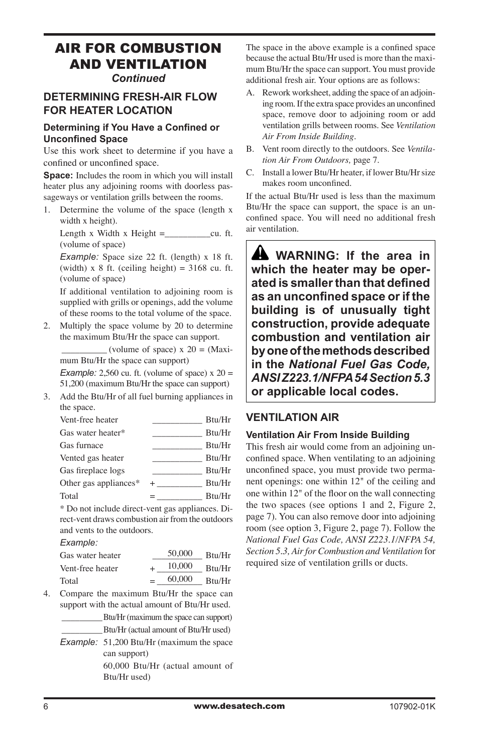 Air for combustion and ventilation | Desa GWRP10 User Manual | Page 6 / 24