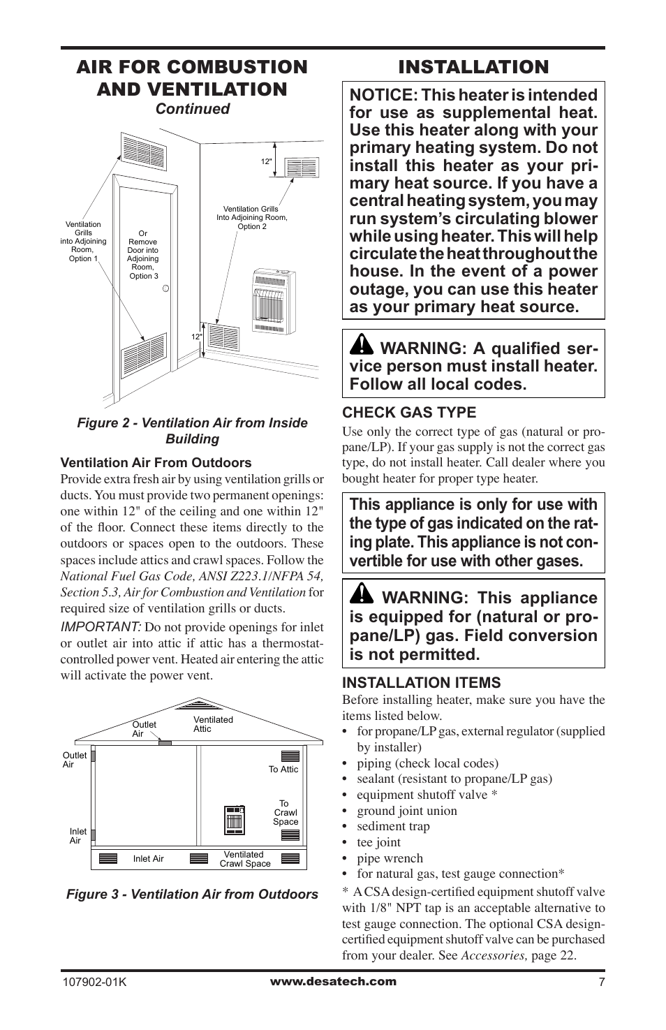 Installation, Air for combustion and ventilation | Desa GWRP10 User Manual | Page 7 / 24