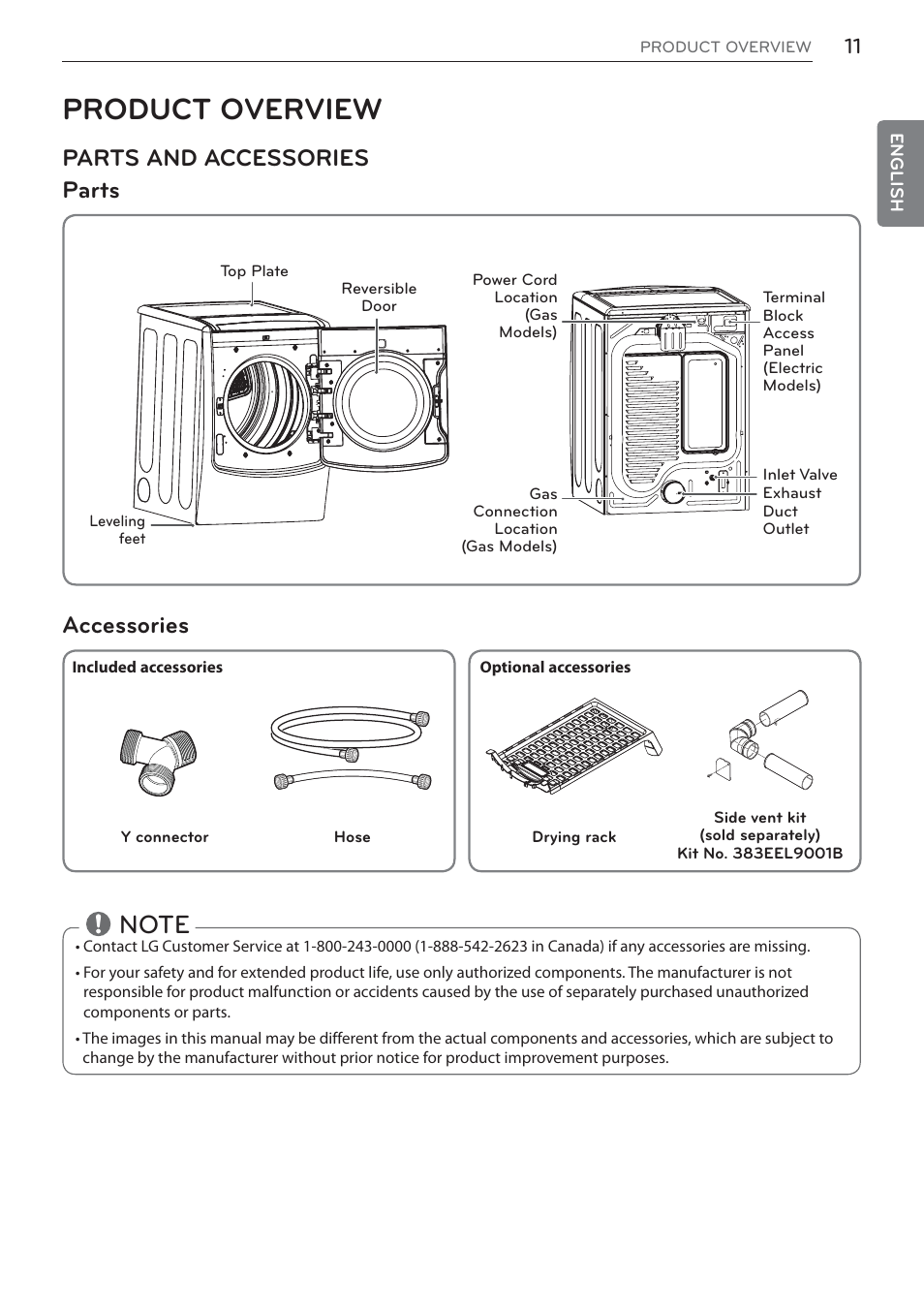 Product overview, Parts and accessories parts, Accessories | LG Signature Series TurboSteam Series 29 Inch Electric Smart Dryer Owners Manual User Manual | Page 11 / 108