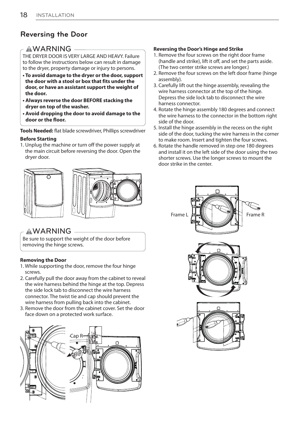 Warning, Reversing the door | LG Signature Series TurboSteam Series 29 Inch Electric Smart Dryer Owners Manual User Manual | Page 18 / 108