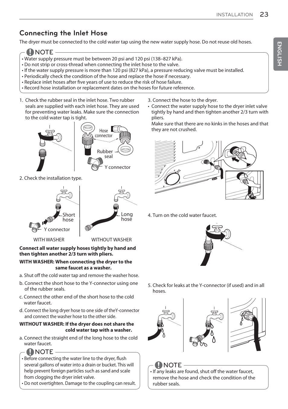 Connecting the inlet hose | LG Signature Series TurboSteam Series 29 Inch Electric Smart Dryer Owners Manual User Manual | Page 23 / 108