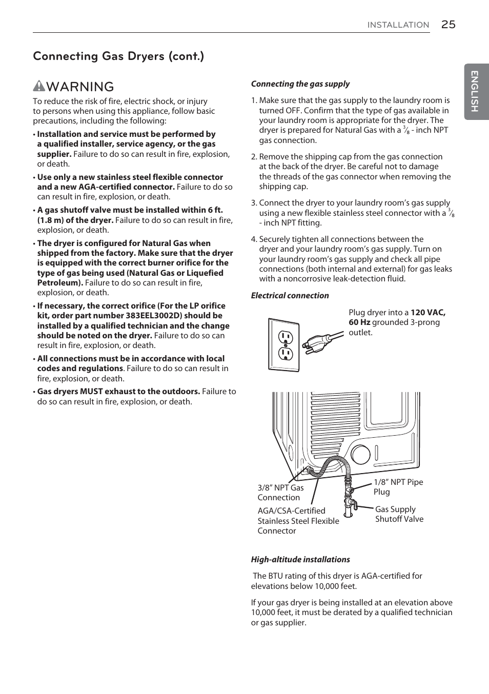 Wwarning, Connecting gas dryers (cont.) | LG Signature Series TurboSteam Series 29 Inch Electric Smart Dryer Owners Manual User Manual | Page 25 / 108