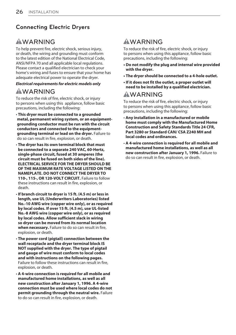 Wwarning, Connecting electric dryers | LG Signature Series TurboSteam Series 29 Inch Electric Smart Dryer Owners Manual User Manual | Page 26 / 108