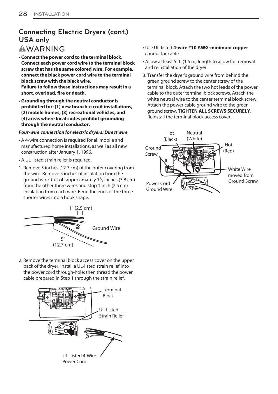 Wwarning, Connecting electric dryers (cont.) usa only | LG Signature Series TurboSteam Series 29 Inch Electric Smart Dryer Owners Manual User Manual | Page 28 / 108