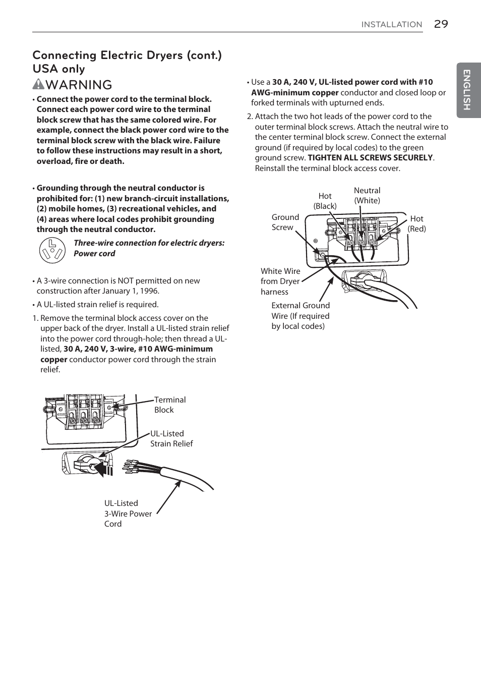 Wwarning, Connecting electric dryers (cont.) usa only | LG Signature Series TurboSteam Series 29 Inch Electric Smart Dryer Owners Manual User Manual | Page 29 / 108