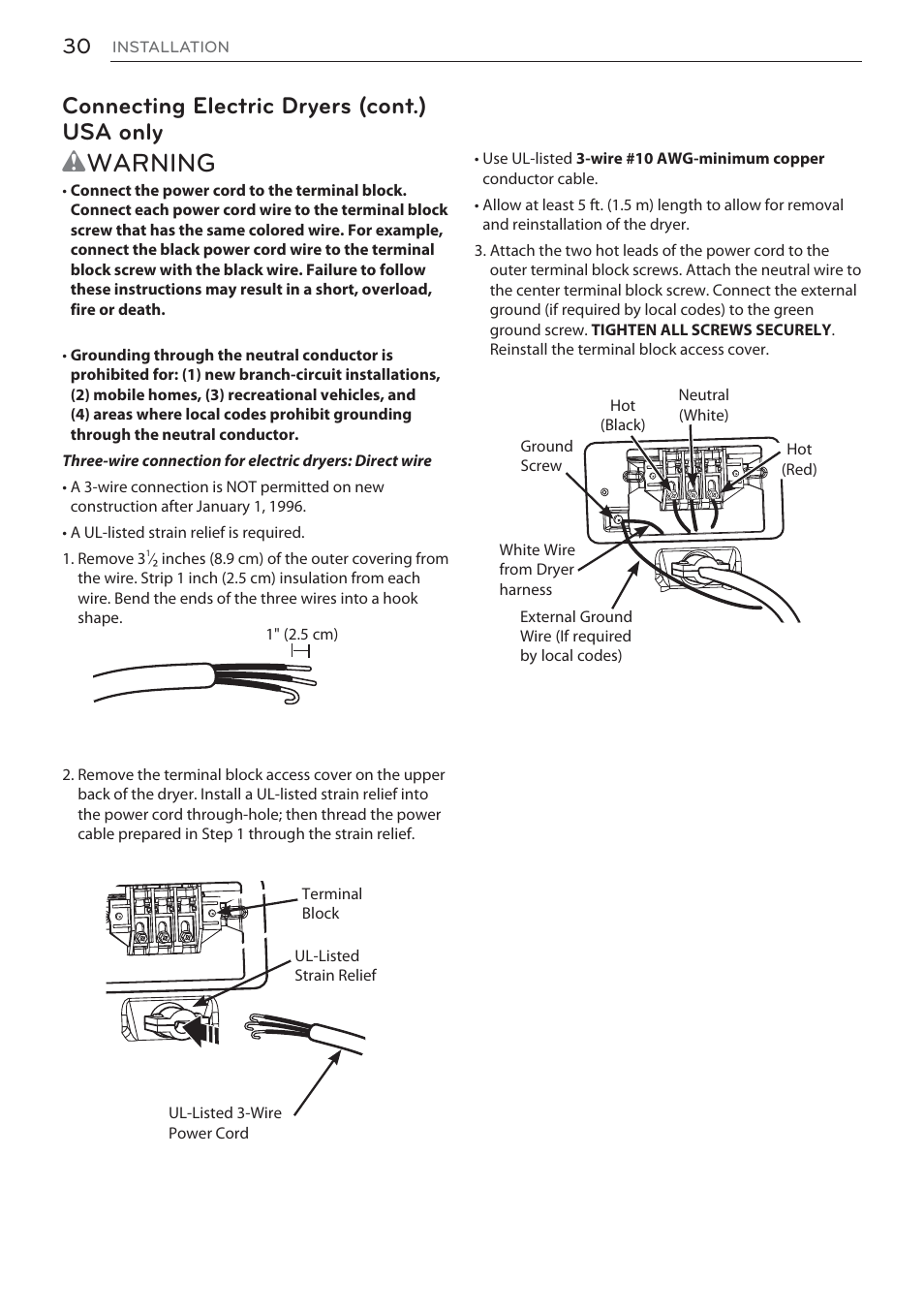 Wwarning, Connecting electric dryers (cont.) usa only | LG Signature Series TurboSteam Series 29 Inch Electric Smart Dryer Owners Manual User Manual | Page 30 / 108