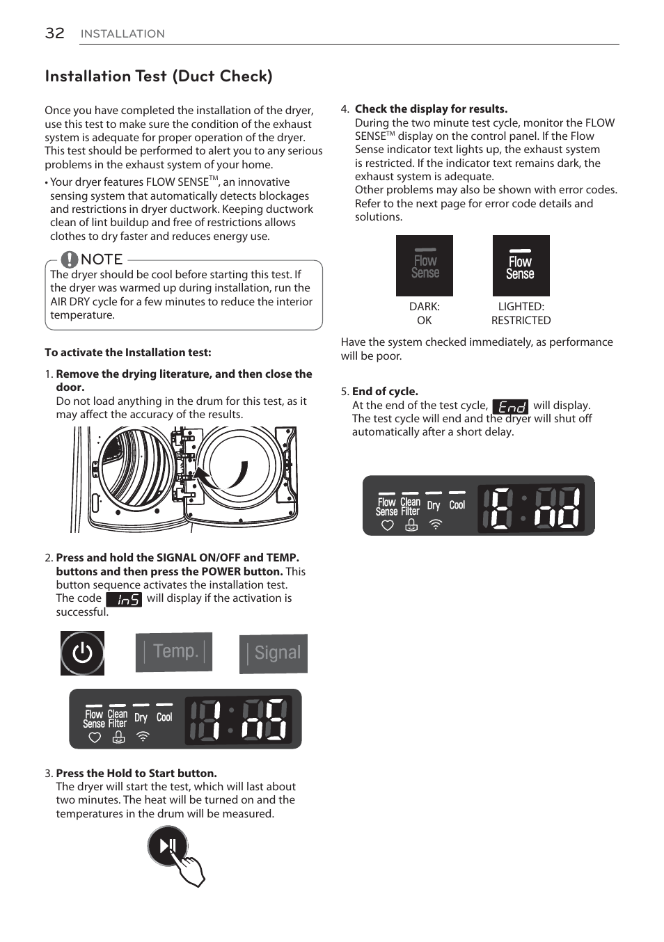 Installation test (duct check) | LG Signature Series TurboSteam Series 29 Inch Electric Smart Dryer Owners Manual User Manual | Page 32 / 108