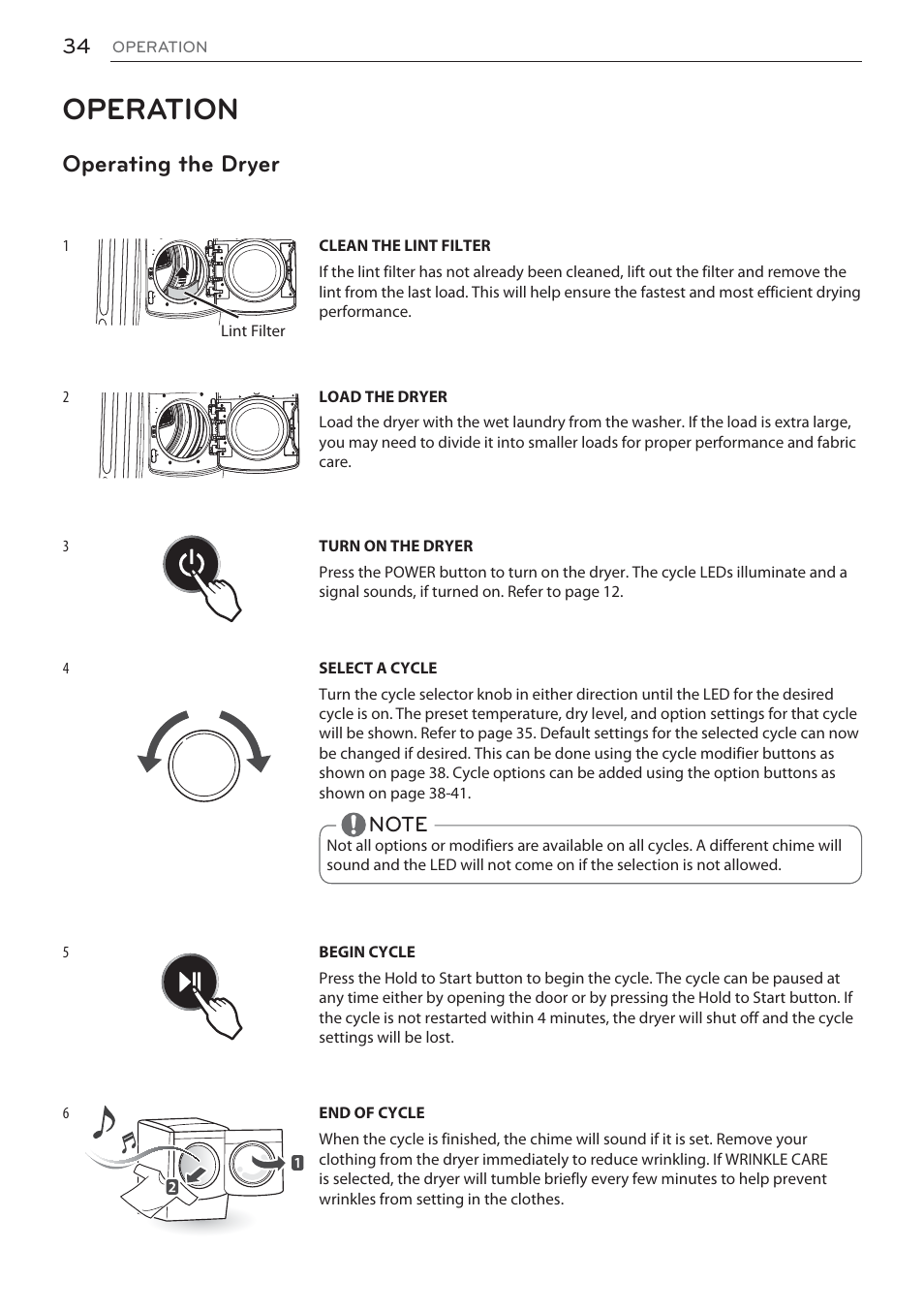 Operation, Operating the dryer | LG Signature Series TurboSteam Series 29 Inch Electric Smart Dryer Owners Manual User Manual | Page 34 / 108