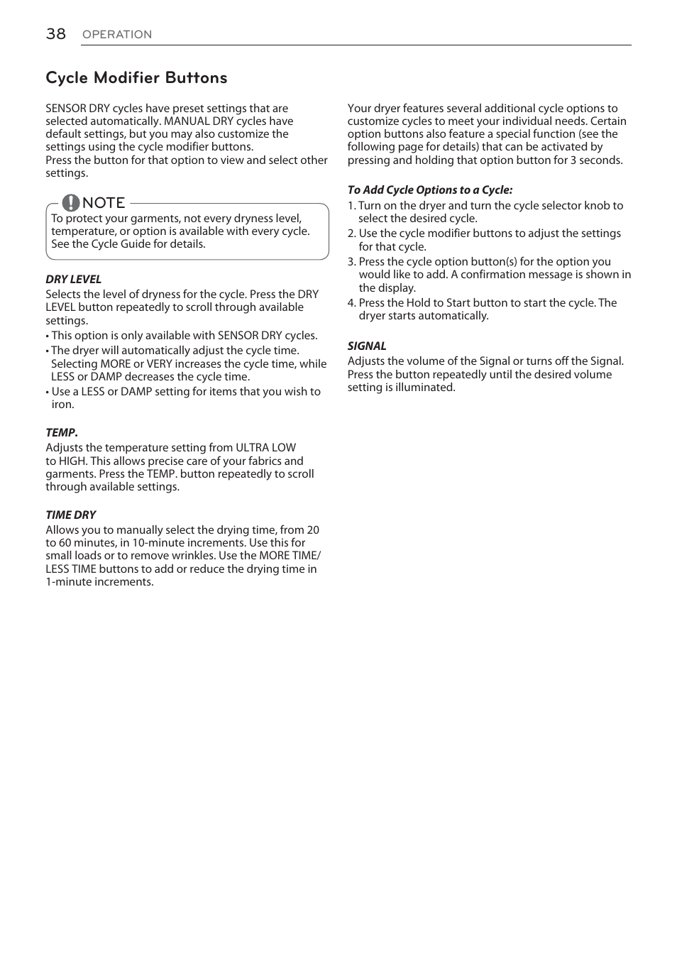 Cycle modifier buttons | LG Signature Series TurboSteam Series 29 Inch Electric Smart Dryer Owners Manual User Manual | Page 38 / 108