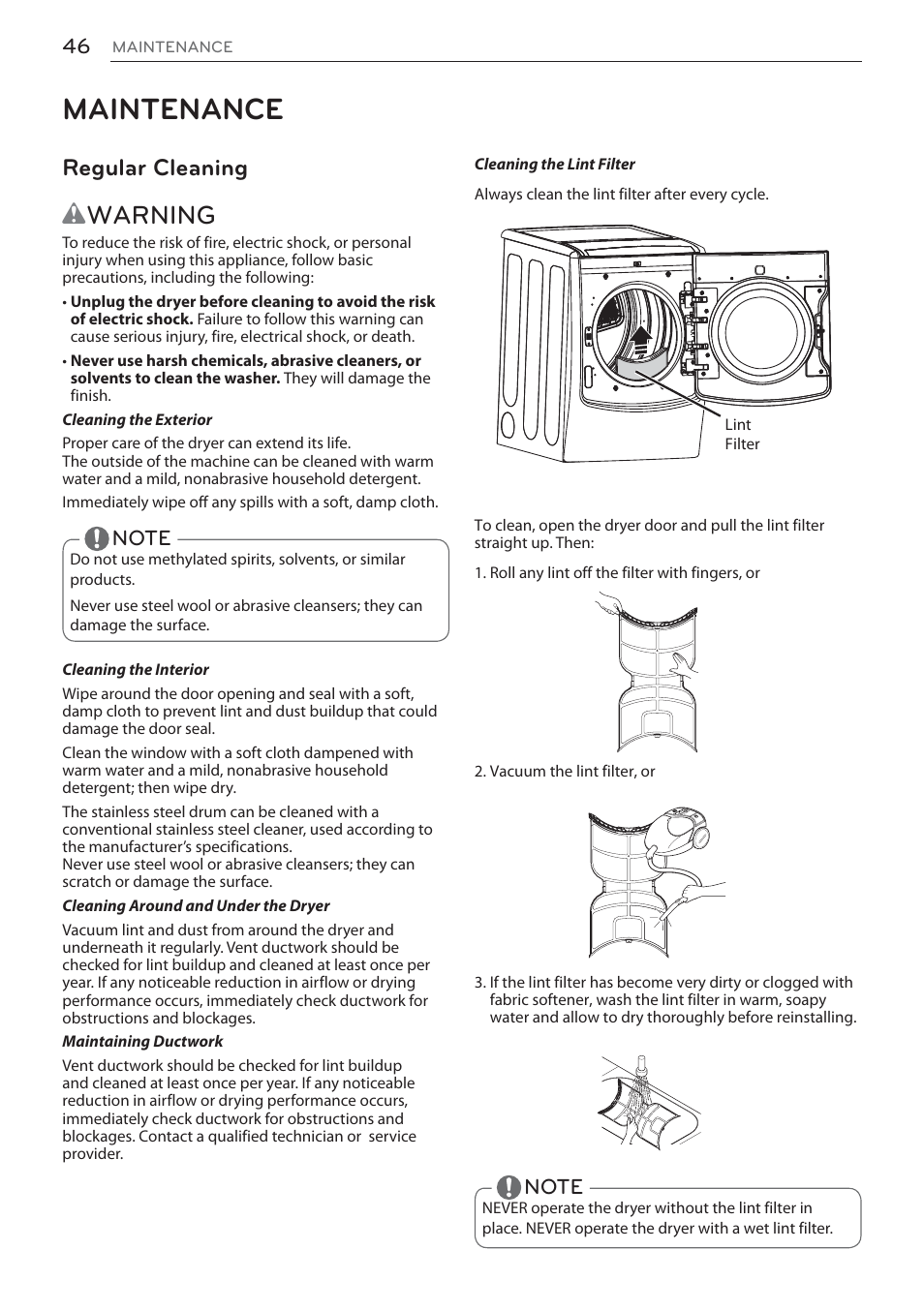 Maintenance, Wwarning, Regular cleaning | LG Signature Series TurboSteam Series 29 Inch Electric Smart Dryer Owners Manual User Manual | Page 46 / 108