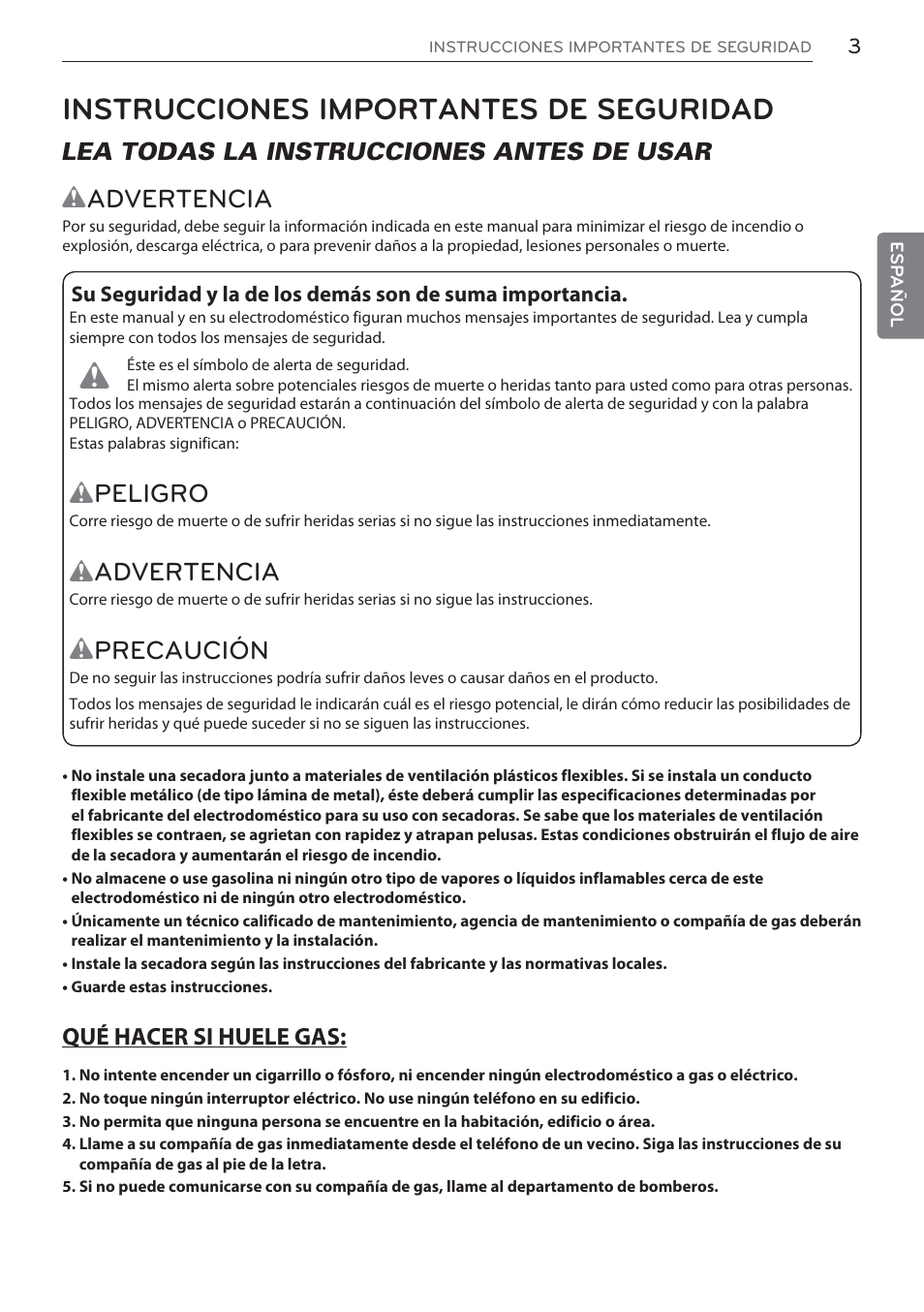 Instrucciones importantes de seguridad, Wadvertencia, Wpeligro | Wprecaución, Lea todas la instrucciones antes de usar | LG Signature Series TurboSteam Series 29 Inch Electric Smart Dryer Owners Manual User Manual | Page 55 / 108