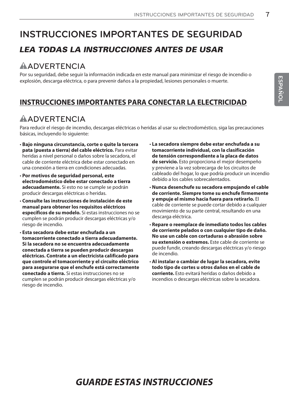 Instrucciones importantes de seguridad, Wadvertencia, Lea todas la instrucciones antes de usar | LG Signature Series TurboSteam Series 29 Inch Electric Smart Dryer Owners Manual User Manual | Page 59 / 108