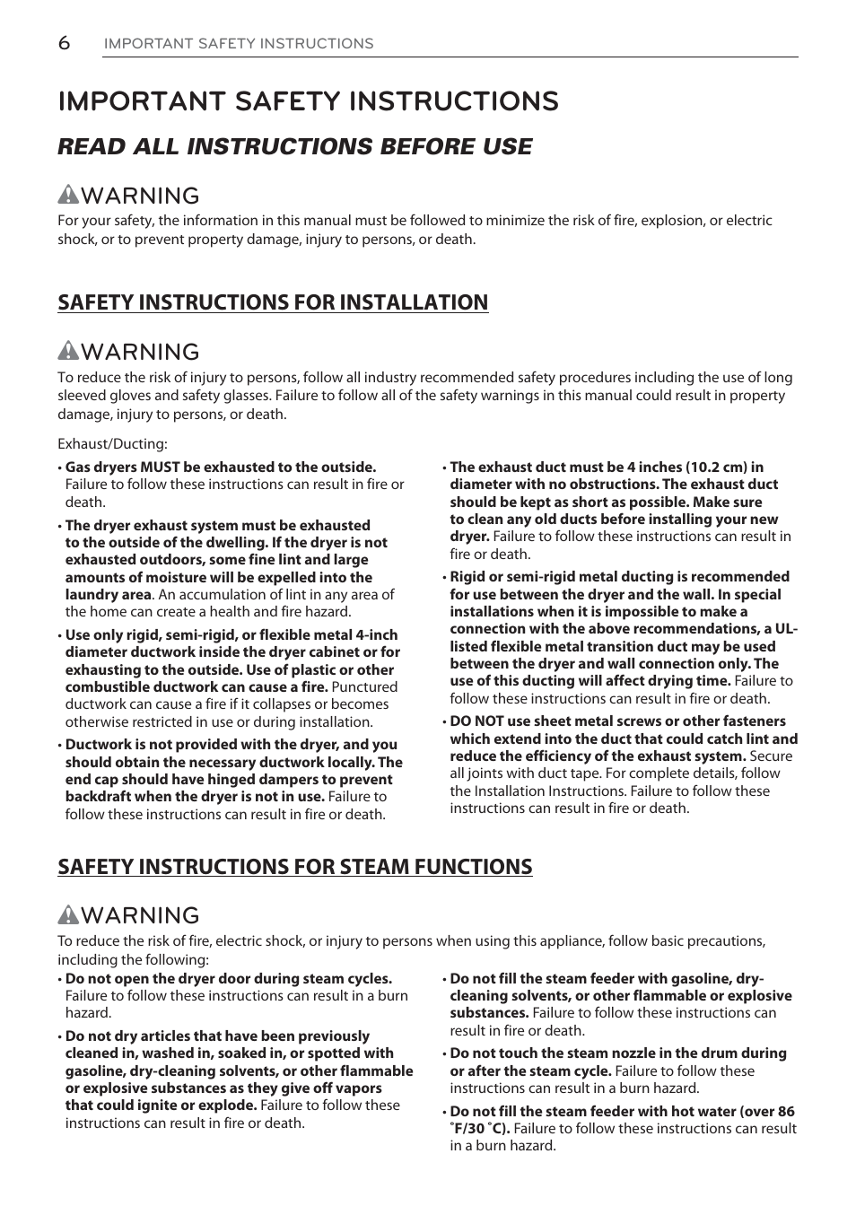 Important safety instructions, Wwarning, Read all instructions before use | LG Signature Series TurboSteam Series 29 Inch Electric Smart Dryer Owners Manual User Manual | Page 6 / 108