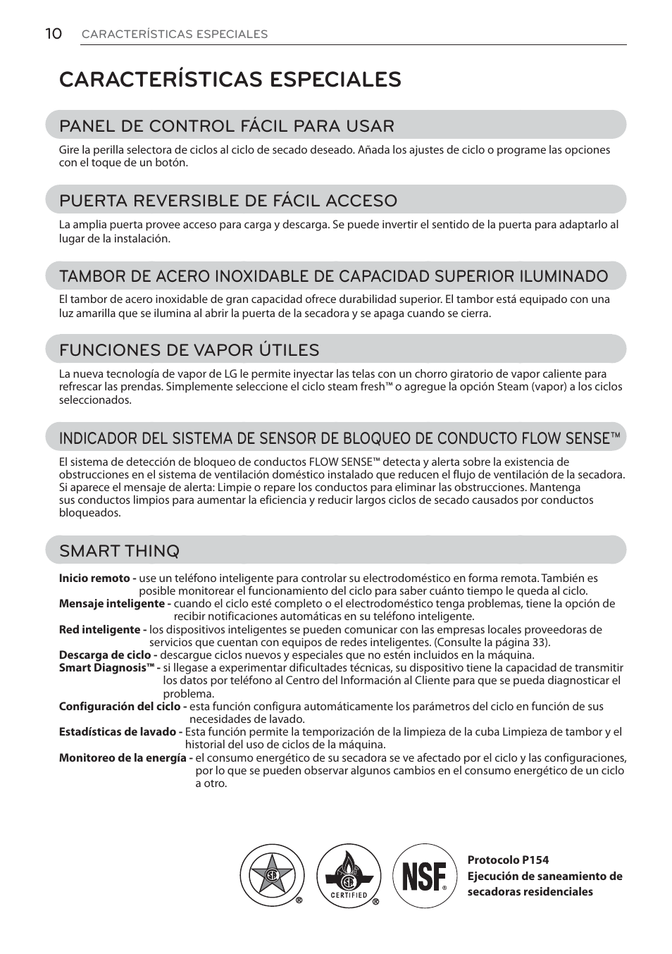 Características especiales, Panel de control fácil para usar, Puerta reversible de fácil acceso | Funciones de vapor útiles, Smart thinq | LG Signature Series TurboSteam Series 29 Inch Electric Smart Dryer Owners Manual User Manual | Page 62 / 108