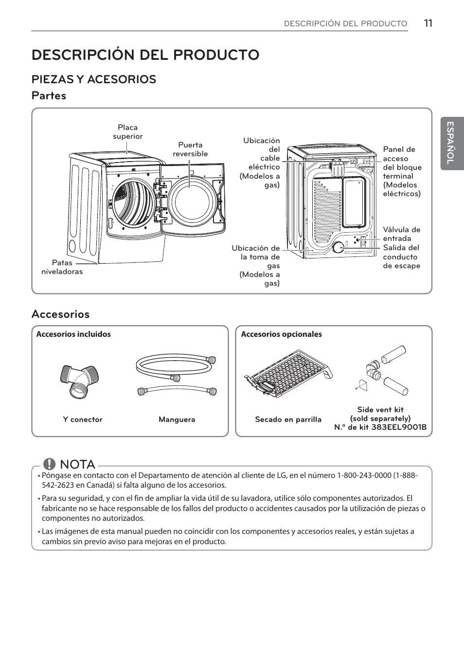 Descripción del producto, Nota, Piezas y acesorios partes | Accesorios | LG Signature Series TurboSteam Series 29 Inch Electric Smart Dryer Owners Manual User Manual | Page 63 / 108