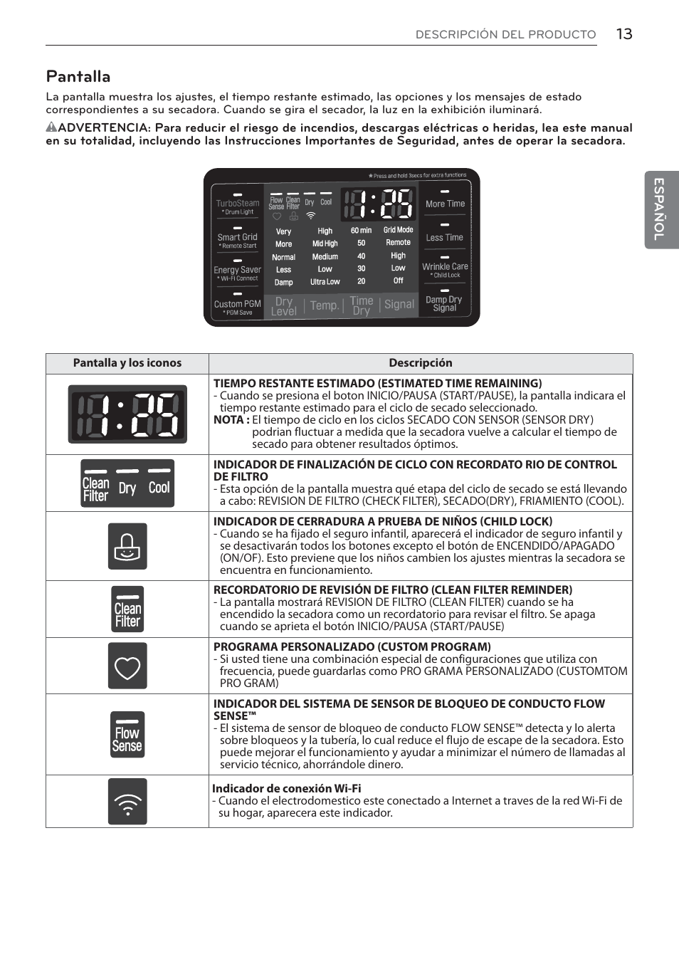 Pantalla | LG Signature Series TurboSteam Series 29 Inch Electric Smart Dryer Owners Manual User Manual | Page 65 / 108