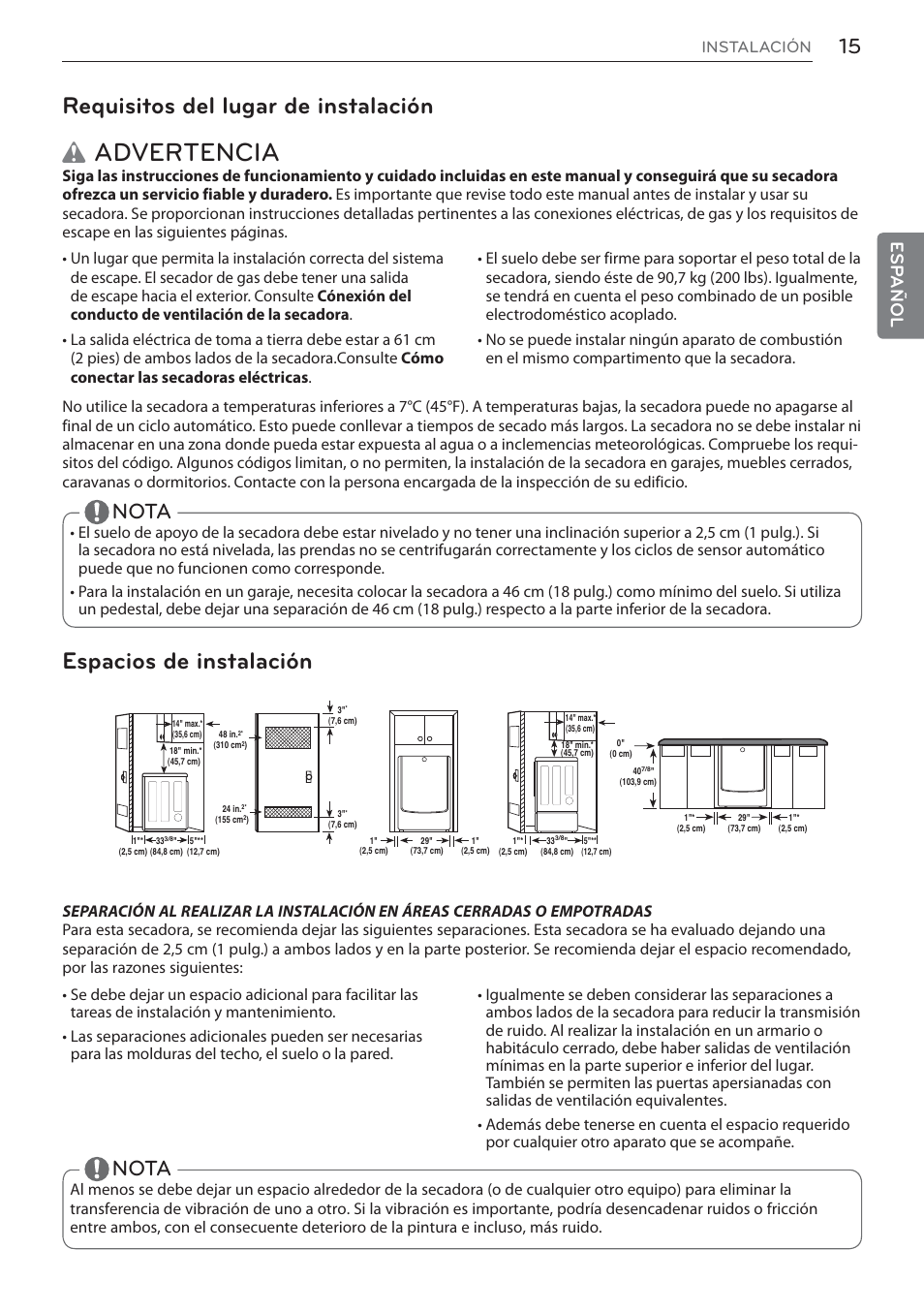 Wadvertencia, Requisitos del lugar de instalación, Espacios de instalación | Nota, Esp añol | LG Signature Series TurboSteam Series 29 Inch Electric Smart Dryer Owners Manual User Manual | Page 67 / 108