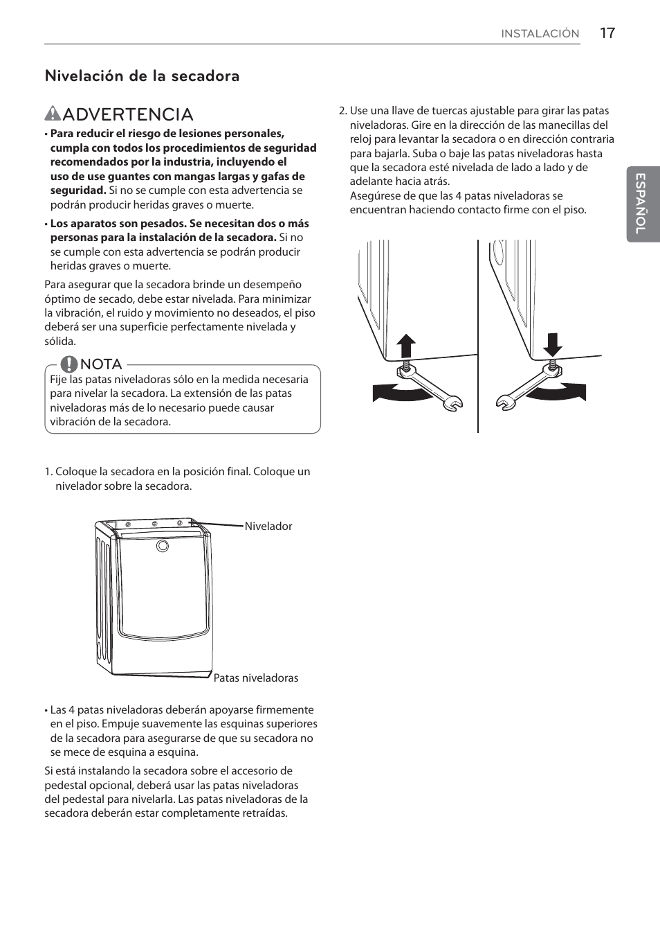 Wadvertencia, Nivelación de la secadora, Nota | LG Signature Series TurboSteam Series 29 Inch Electric Smart Dryer Owners Manual User Manual | Page 69 / 108