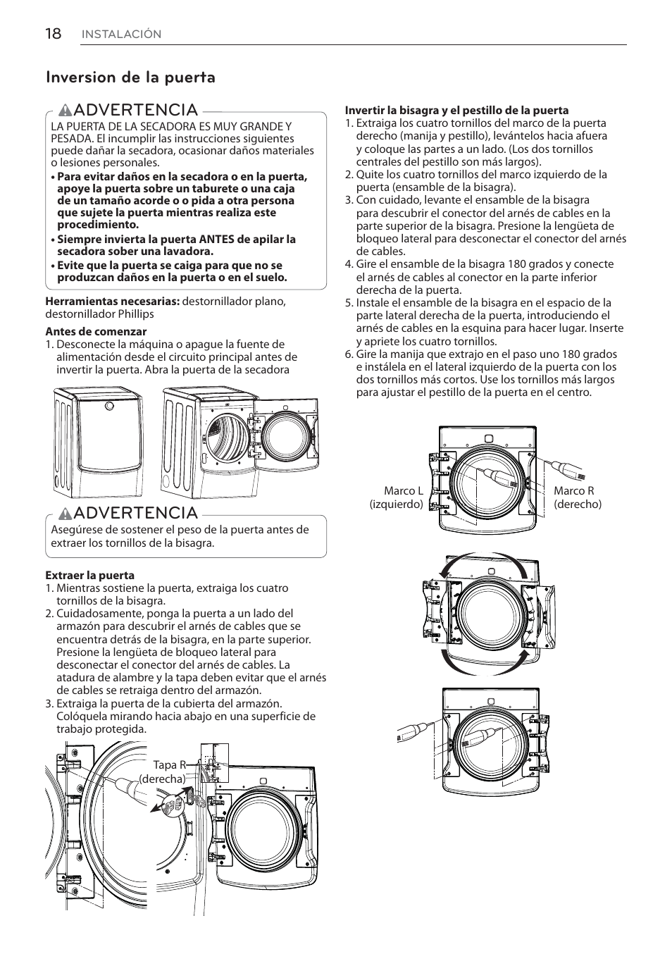 Advertencia, Inversion de la puerta | LG Signature Series TurboSteam Series 29 Inch Electric Smart Dryer Owners Manual User Manual | Page 70 / 108