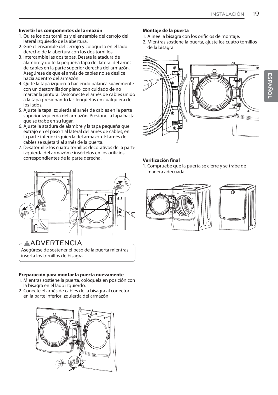 Advertencia | LG Signature Series TurboSteam Series 29 Inch Electric Smart Dryer Owners Manual User Manual | Page 71 / 108