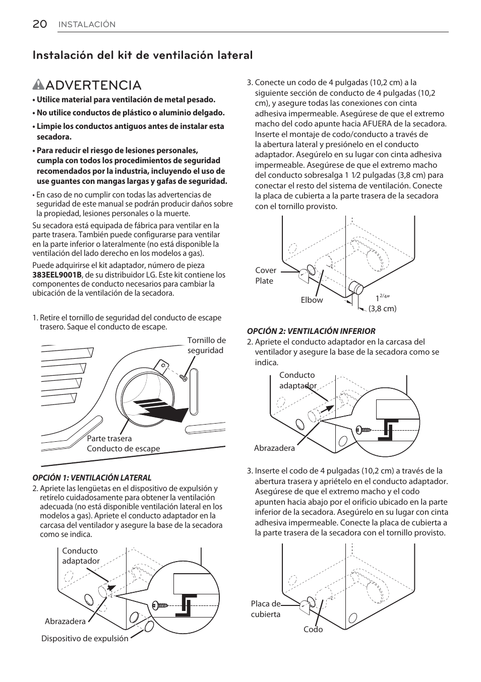 Wadvertencia, Instalación del kit de ventilación lateral | LG Signature Series TurboSteam Series 29 Inch Electric Smart Dryer Owners Manual User Manual | Page 72 / 108