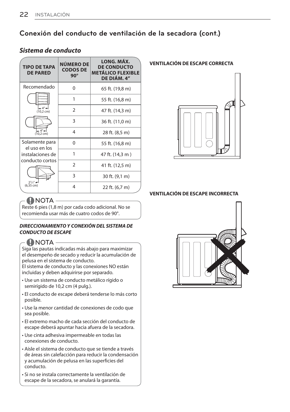 Nota, Sistema de conducto | LG Signature Series TurboSteam Series 29 Inch Electric Smart Dryer Owners Manual User Manual | Page 74 / 108