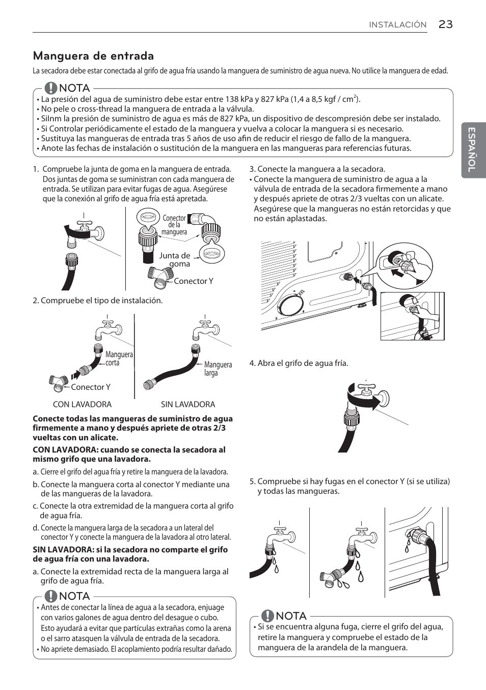 Manguera de entrada, Nota | LG Signature Series TurboSteam Series 29 Inch Electric Smart Dryer Owners Manual User Manual | Page 75 / 108