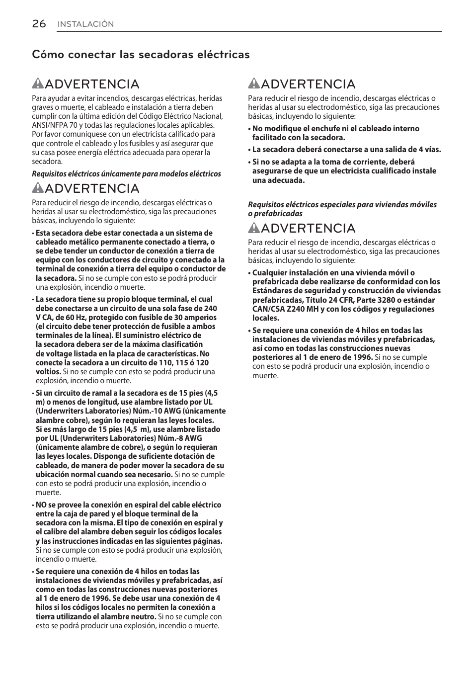 Wadvertencia, Cómo conectar las secadoras eléctricas | LG Signature Series TurboSteam Series 29 Inch Electric Smart Dryer Owners Manual User Manual | Page 78 / 108