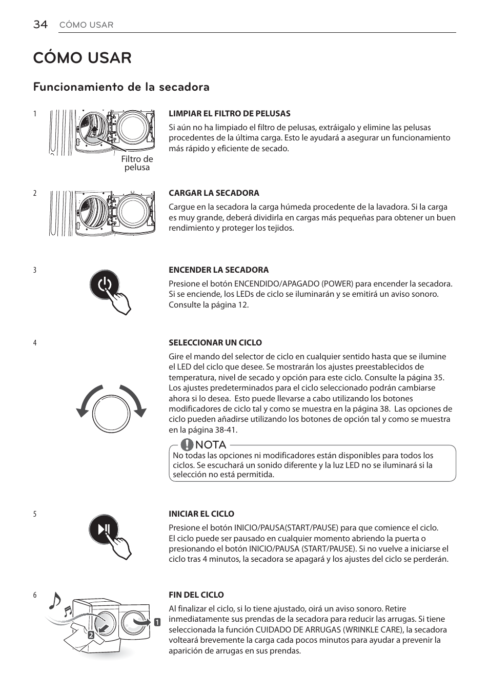 Cómo usar, Funcionamiento de la secadora, Nota | LG Signature Series TurboSteam Series 29 Inch Electric Smart Dryer Owners Manual User Manual | Page 86 / 108