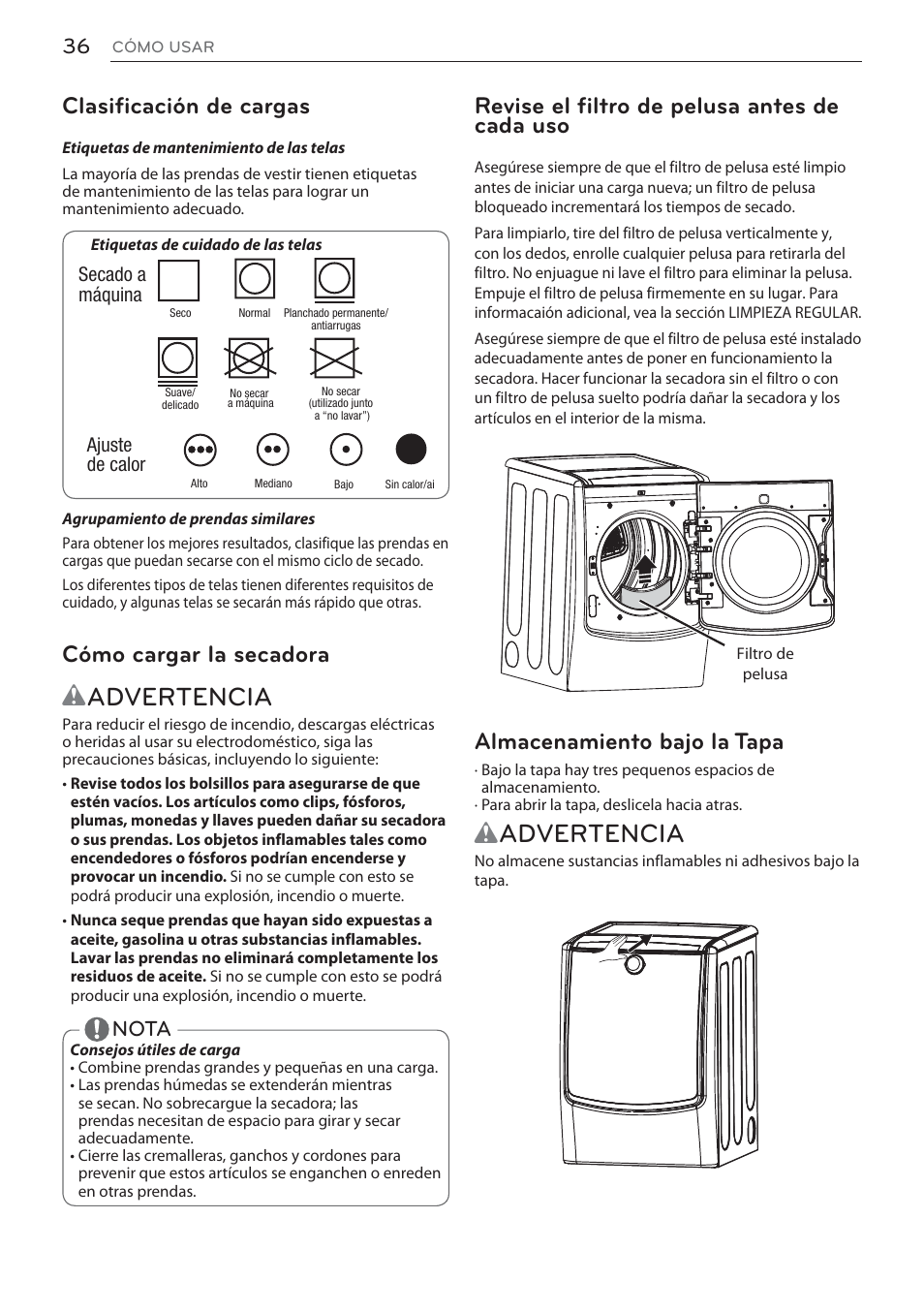 Wadvertencia, Revise el filtro de pelusa antes de cada uso, Almacenamiento bajo la tapa | Clasificación de cargas, Cómo cargar la secadora, Nota | LG Signature Series TurboSteam Series 29 Inch Electric Smart Dryer Owners Manual User Manual | Page 88 / 108