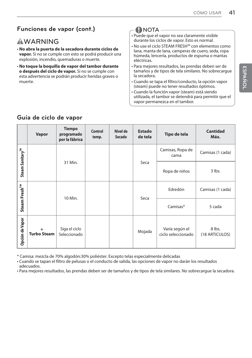 Wwarning, Funciones de vapor (cont.), Guía de ciclo de vapor | Nota | LG Signature Series TurboSteam Series 29 Inch Electric Smart Dryer Owners Manual User Manual | Page 93 / 108