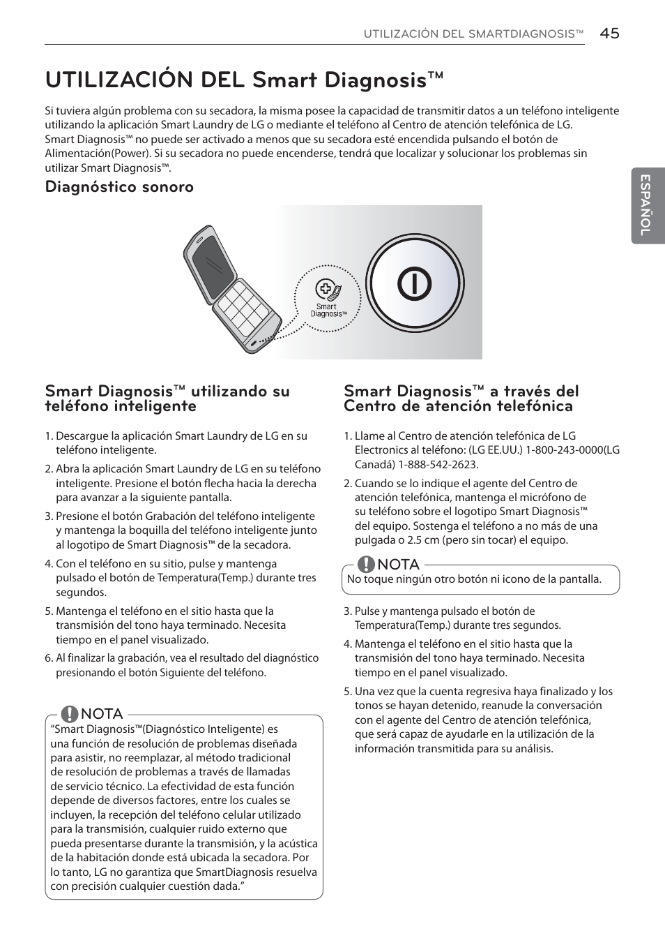 Utilización del smart diagnosis, Diagnóstico sonoro | LG Signature Series TurboSteam Series 29 Inch Electric Smart Dryer Owners Manual User Manual | Page 97 / 108