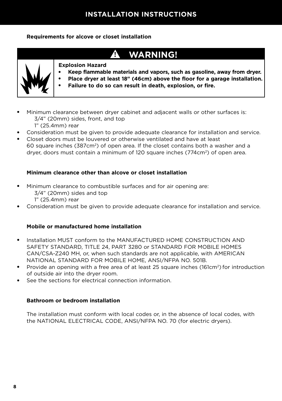 Warning, Installation instructions, Requirements for alcove or closet installation | Explosion hazard | Fisher & Paykel 24 Inch Condensing Dryer Install Guide User Manual | Page 10 / 84